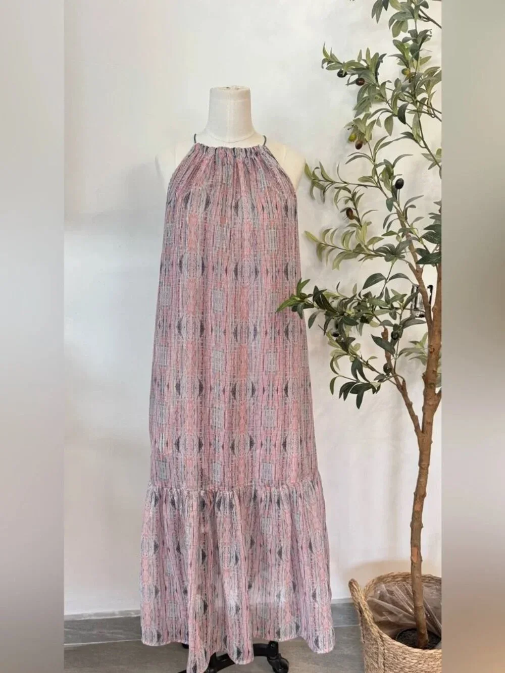 World Market Metallic Stripe Halter Midi Dress S/M Pink Gray Boho - Picture 7 of 7